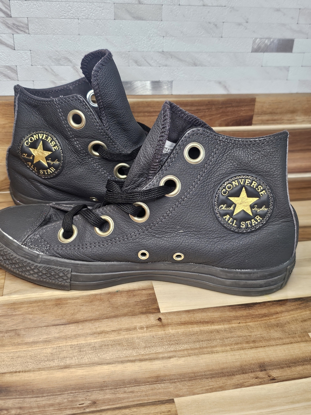 Converse Black High Top Sneakers with Gold Star Patch S15